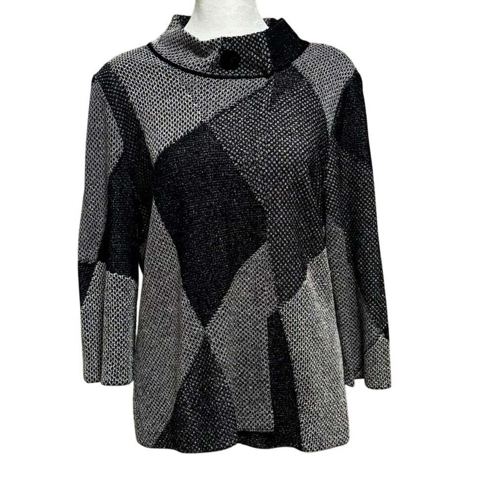 Ming Wang Size L Knit Open Front Sweater Snap Neck Diamond Pattern